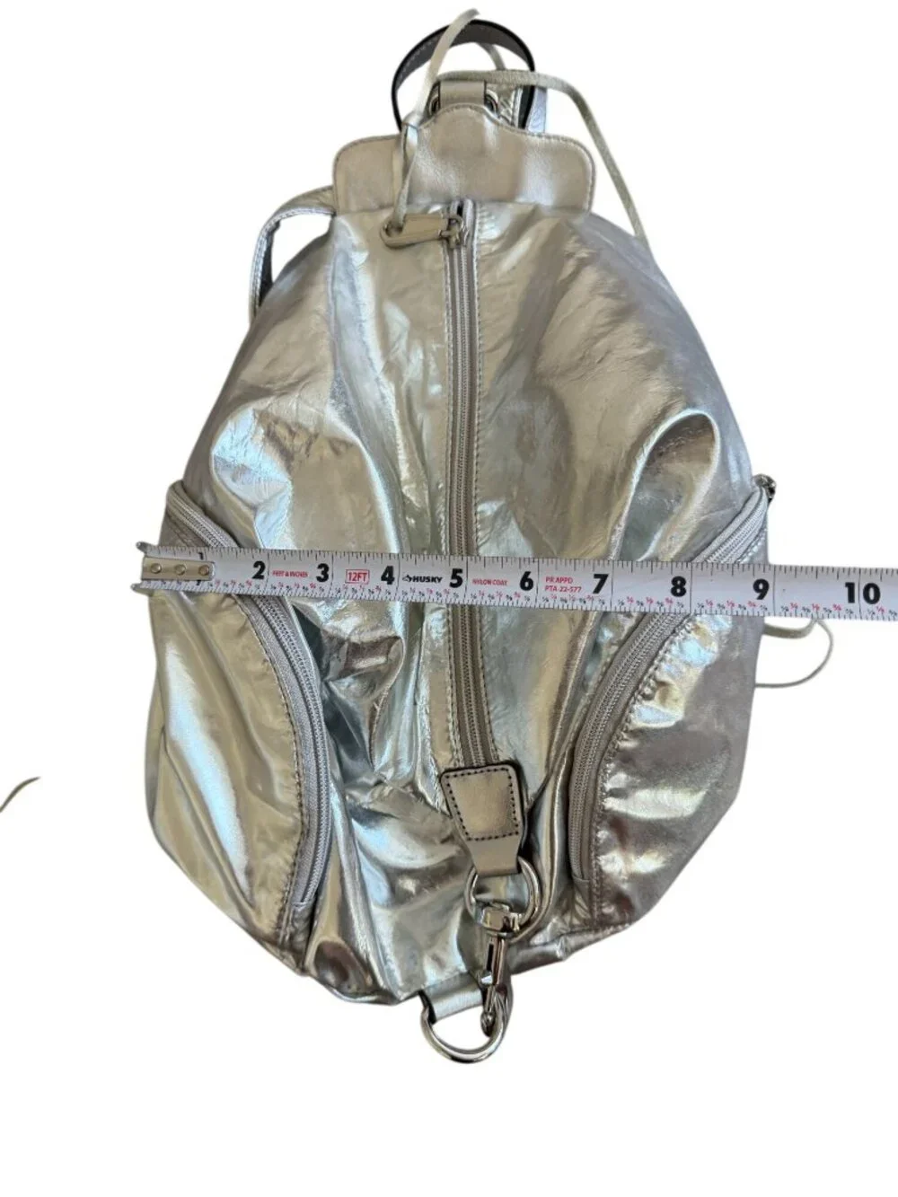 REBECCA MINKOFF Silver Metallic Zip Backpack